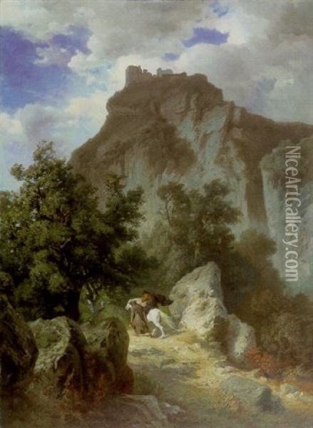 Canossa, Monch Und Reiter Auf Steinigem Pfad Zur Ruine Canossa Oil Painting - Edmund Kanoldt