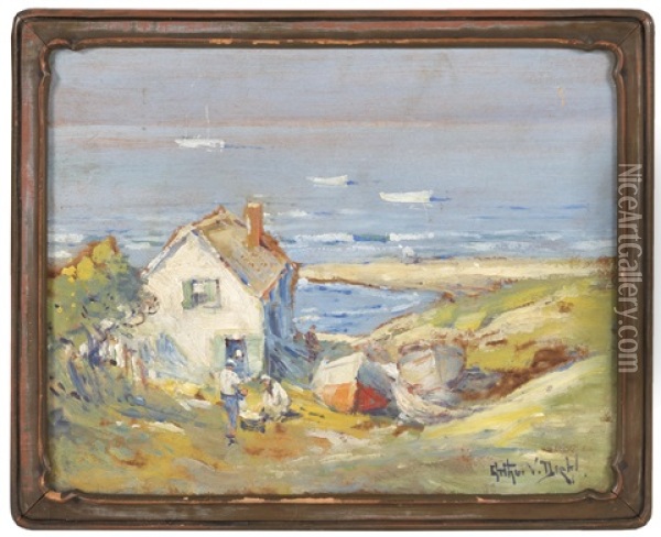 Men And Dories Outside A House By The Sea Oil Painting - Arthur Vidal Diehl