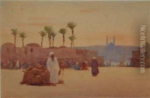An Arab And His Camel With A View Of Cairo Beyond Oil Painting - Edward Mills
