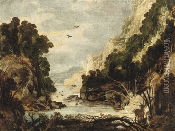 A Rocky River Landscape With Hunters And Deer Oil Painting - Joos de Momper the Elder