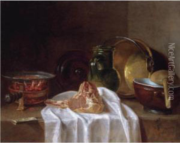 Still Life With A Brazier, 
Earthenware Jugs, A Copper Bowl And A Lamb Chop On A Stone Ledge Oil Painting - Jean-Baptiste-Simeon Chardin