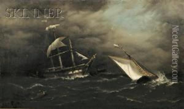 Ships Caught In A Squall Oil Painting - Henry E. Tozer