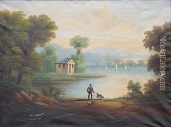 Man With Dog In And Extensive River Landscape Oil Painting - Thomas Chambers