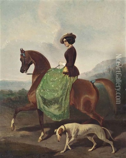 Portrait Of A Woman On Horseback, With A Greyhound, An Extensive Landscape Beyond Oil Painting - Alfred De Dreux