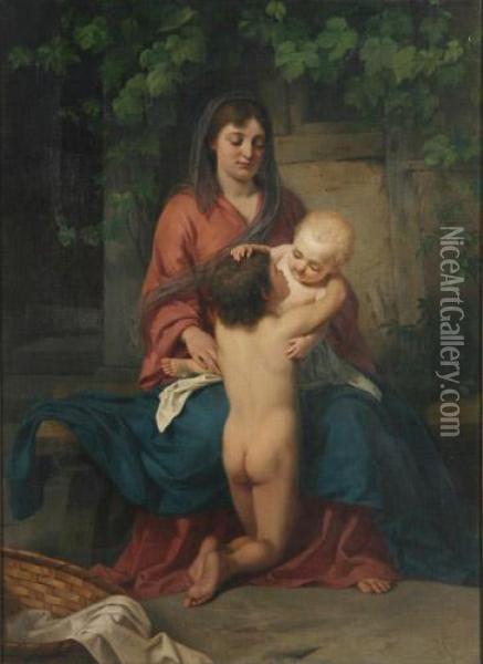 Muttergluck, Junge Mutter Mit Ihren Beiden Kindern Vor Hauskulisse Oil Painting - Joseph Blanc
