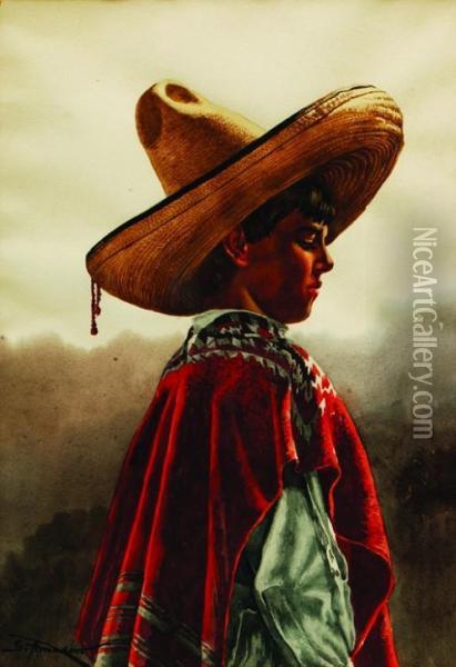 Nino Con Jorongo Rojo Oil Painting - Severo Amador