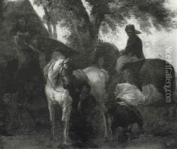 Horsemen At A Farrier's Oil Painting - Pieter van Bloemen