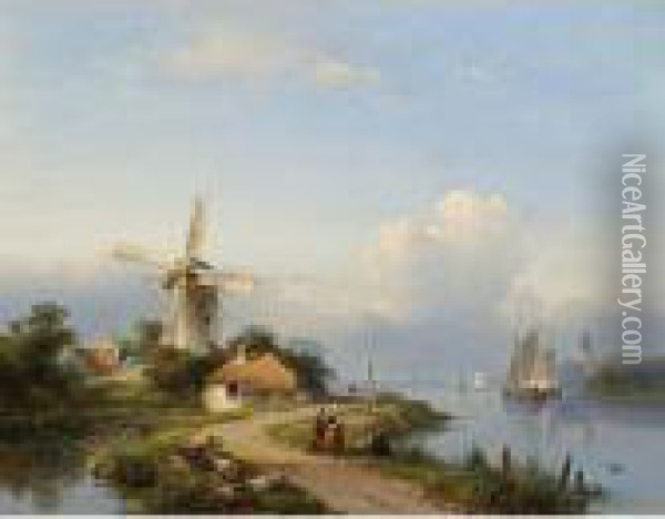 A Summer Landscape With A Mill Along A River Oil Painting - Lodewijk Johannes Kleijn