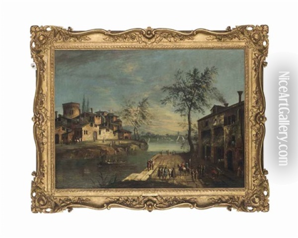A Harbour Scene With Figures Conversing On A Quay, With A Village And Mountains Beyond Oil Painting - Michele Marieschi
