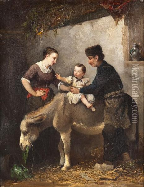 Junge Familie Im Stall Oil Painting - Anthony De Vries