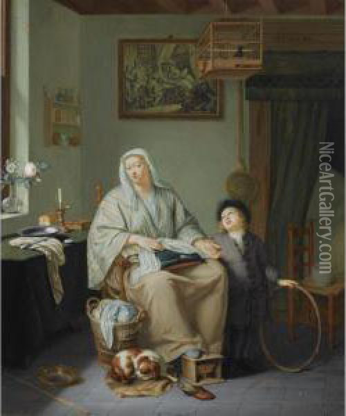 An Interior With A Woman Doing Needlework And A Young Boy With A Hoop Oil Painting - Frans Ii Van Mieris