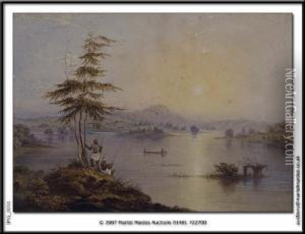 Lake View With Figures Fishing Inthe Foreground Oil Painting - Charles Frederick Buckley