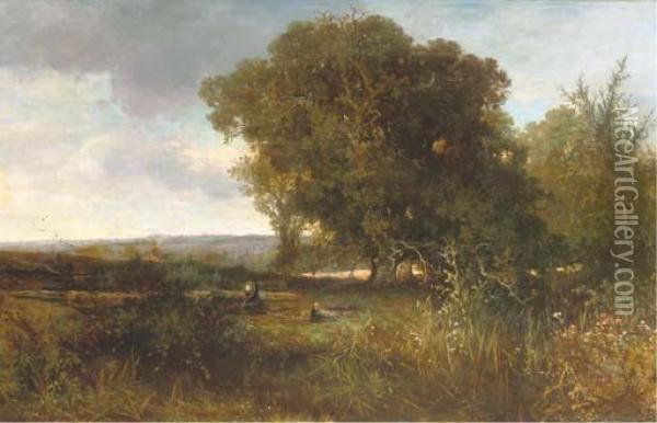 Gathering Wood At The Edge Of A Forest Oil Painting - Johannes Warnardus Bilders
