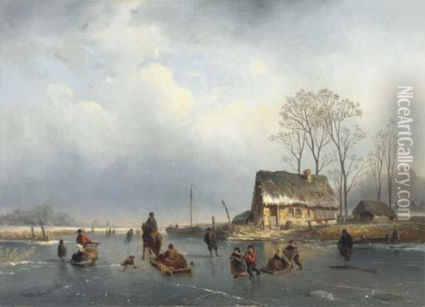 Winter Fun On A Frozen Waterway Oil Painting - Louis Smets