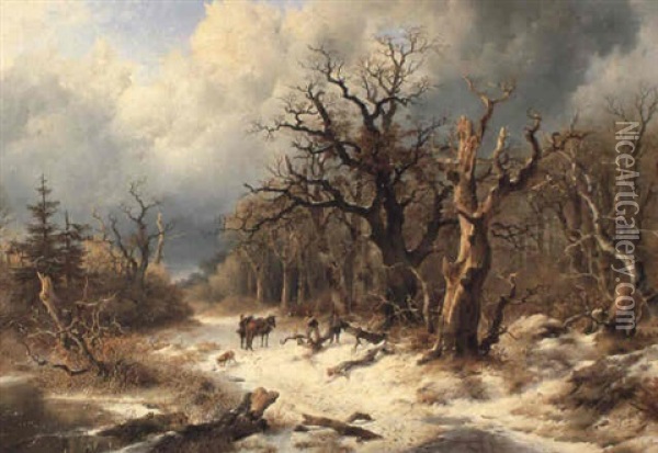 Snowy Landscape With Figures Gathering Wood Oil Painting - Remigius Adrianus van Haanen
