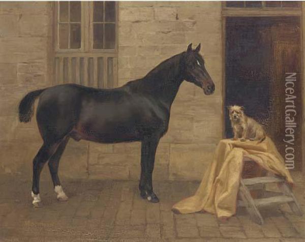 Moorman, A Cob And Pixie, A Terrier Outside A Stable Oil Painting - Charles Augustus Henry Lutyens