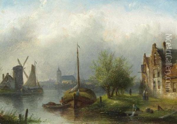 Summer Landscape With Figures Near A River. Oil Painting - Jan Jacob Coenraad Spohler