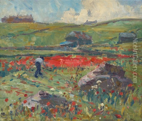Untitled [a Farmer Tends His Field Of Flowers] Oil Painting - Herbert Ivan Babbage