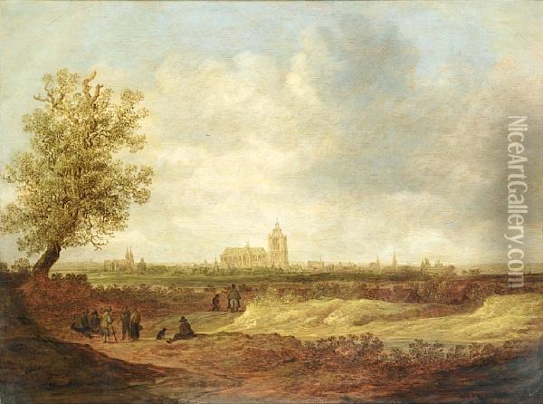 Travellers On A Path, With Arnhem In The Distance Oil Painting - Jan van Goyen