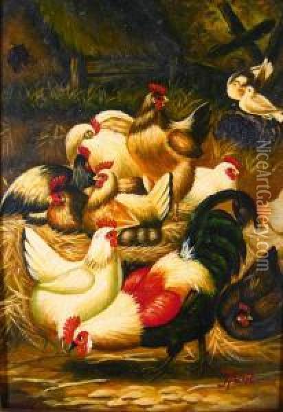 Barnyard Scene With Rooster And Chickens Oil Painting - Walter Hunt