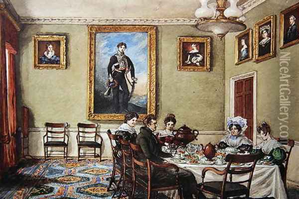 Dining room at Langton Hall, family at breakfast, c.1832-33 Oil Painting - Mary Ellen Best