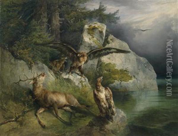 Eagles And Dying Stag On The Lakeshore Oil Painting - Friedrich Gauermann