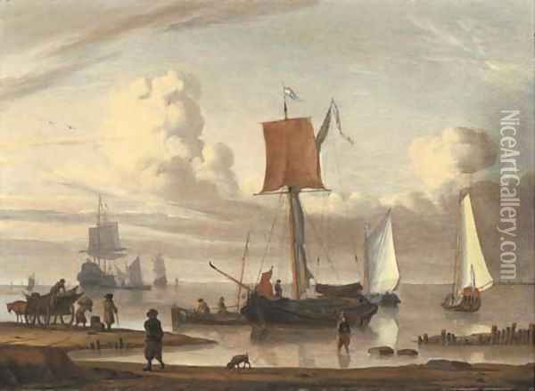 Dutch shipping by a shore with figures unloading a wagon Oil Painting - Jacob Esselens
