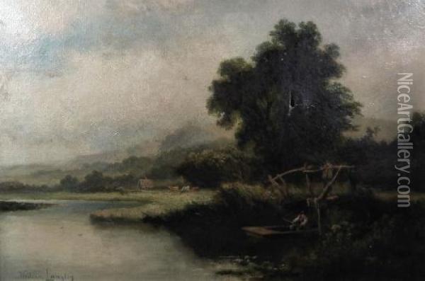 River Landscape With Figures To Foreground Oil Painting - William Langley