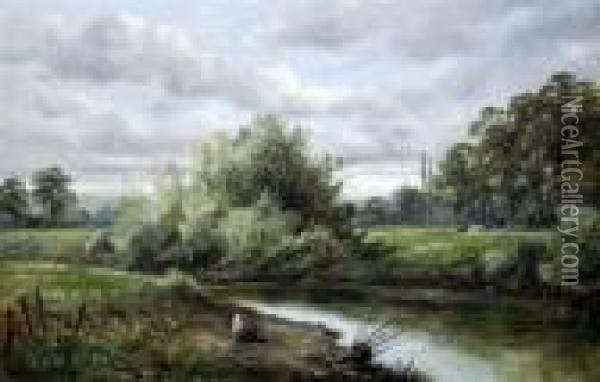 Angler And Cattle In A River Landscape Oil Painting - George Vicat Cole