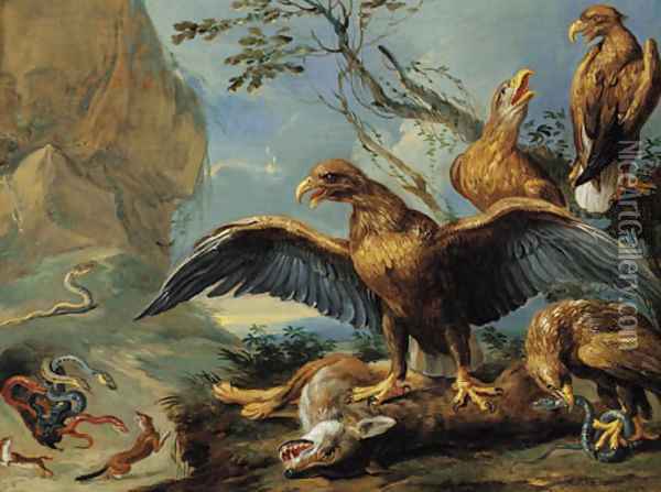 Eagles and serpents attacking foxes Oil Painting - Jan van Kessel