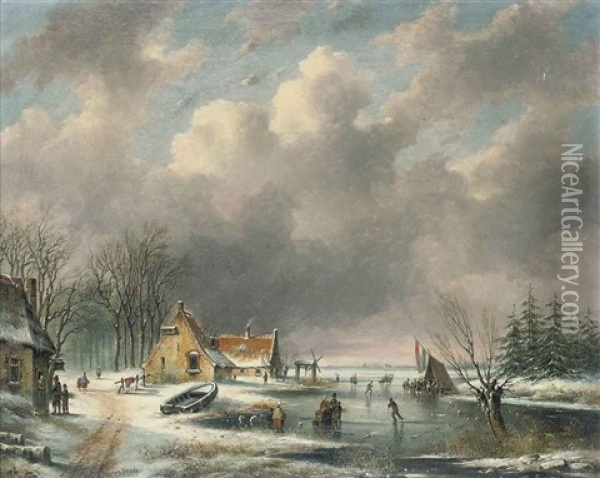 A Frozen River Landscape With Figures Oil Painting - Johannes Gijsbertus van Ravenswaay