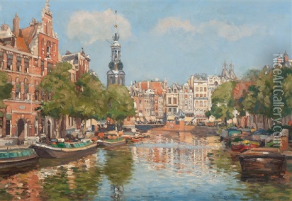 Zomergezicht Op De Munttoren Te Amsterdam Oil Painting - Dirk Johannes Van Haaren