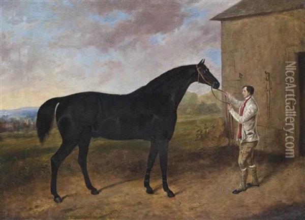A Dark Bay Hunter And His Groom Oil Painting - Joseph Maiden