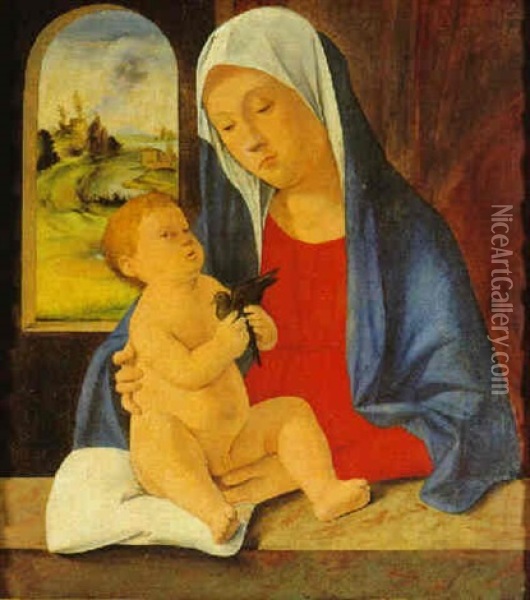 Madonna Col Bambino, Che Tiene In Mano Un Uccellino Oil Painting - Marco Basaiti