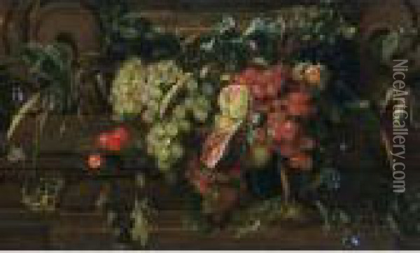 A Still Life With White And Blue
 Grapes, Peaches, Cherries, A Fig, An Ear Of Wheat, Oak Leaf And Acorns,
 A Sweet Chestnut, Filbert Nuts, Hawk-weed, A Medlar, A Garden Tiger 
Moth, Together With Borage, And Other Flowers, All Against A Decorative 
Sc Oil Painting - Jan Davidsz De Heem