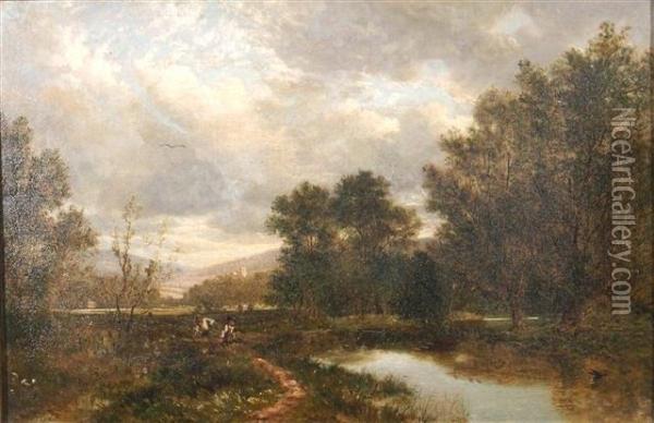 A Wooded Landscape With Anglers Fishing Off A Riverbank Oil Painting - David Bates