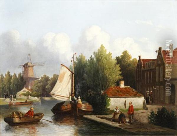 Dutch River Landscape With Figures And Barges Oil Painting - Joseph Bles