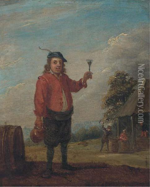 A Peasant Holding A Jug And A Roemer Of Wine Near An Inn Oil Painting - David The Younger Teniers