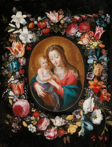 The Madonna And Child Surrounded By A Floral Garland Oil Painting - Peeter Van Avont