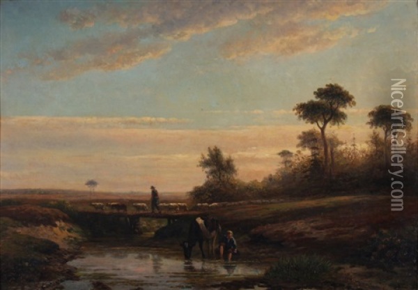 Landschap Met Een Schaapherder Met Kudde En Een Jongen Met Een Koe Aan Een Beekje Oil Painting - Simon Van Den Berg