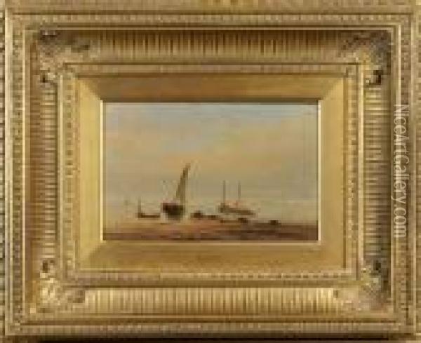 Tillskriven: Kustlandskap Med Fiskebatar, Signerad H. Gudin Oil Painting - Herminie Gudin