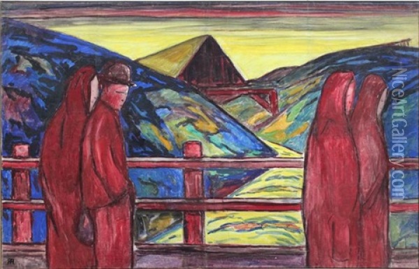 Expressive Landschaft Mit Stilisierten Personen (in Norwegen ?) Oil Painting - Alfred Hermann Helberger