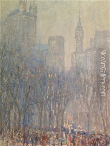 Twilight - Fifth Avenue And The Plaza At Central Park Oil Painting - Sidney Miller Wiggins