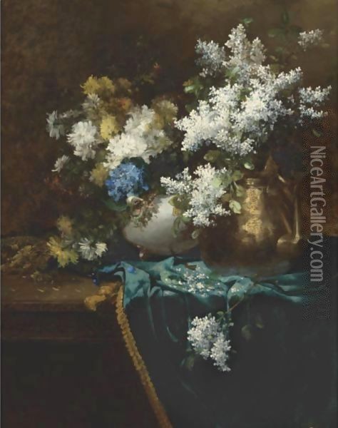 Still Life With Lilacs, Hydrangea And Chrysanthemums Oil Painting - Jean-Baptiste Robie
