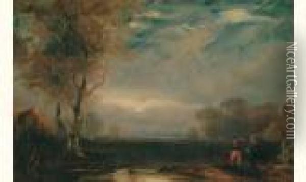 Crepuscule Avec Personnage En 
Pantalaon Rouge, 1825-26 (probablement Une Scene Tiree D'un Roman De 
Walter Scott) Oil Painting - Paul Huet