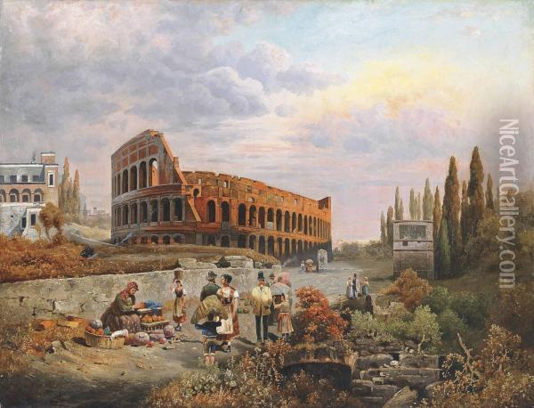 Selling Vegetables Before The Colosseum, Rome Oil Painting - Robert Alott