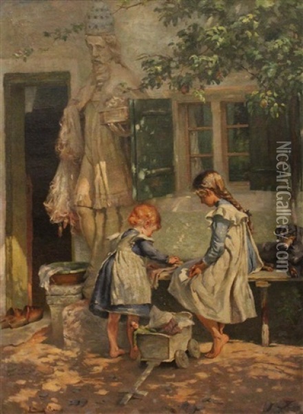 Children Playing Oil Painting - Friedrich (Fritz) Raupp