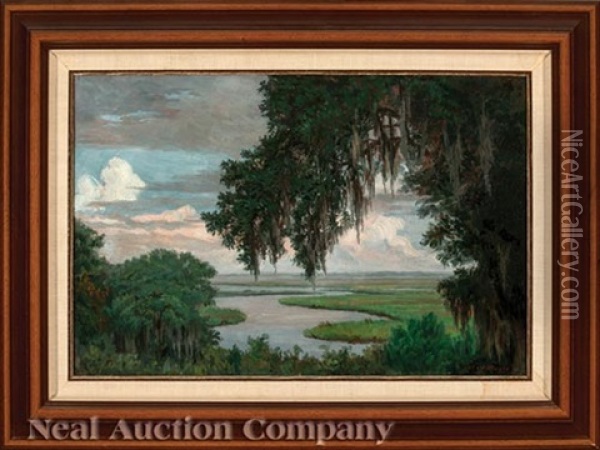 Oak Tree Draped With Spanish Moss, Louisiana Bayou Landscape Oil Painting - Charles Wellington Boyle