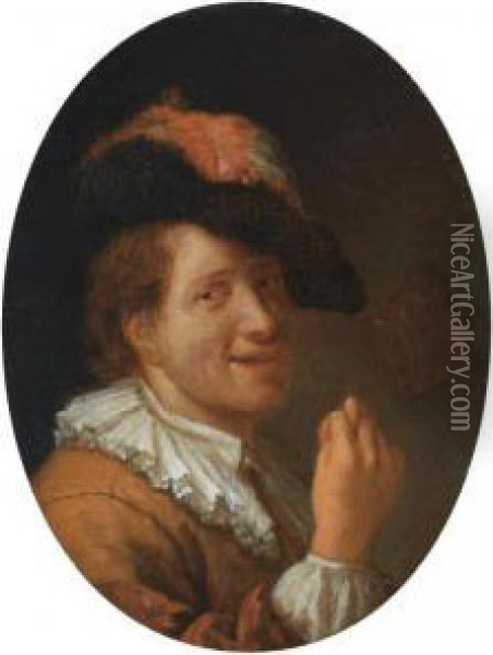 A Man With A Feathered Head, Making An Obscene Gesture Oil Painting - Jacob Ochtervelt