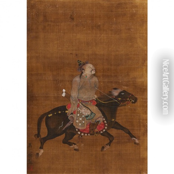 A Chinese Painting Of Man On Horse Oil Painting -  Yu Zhiding